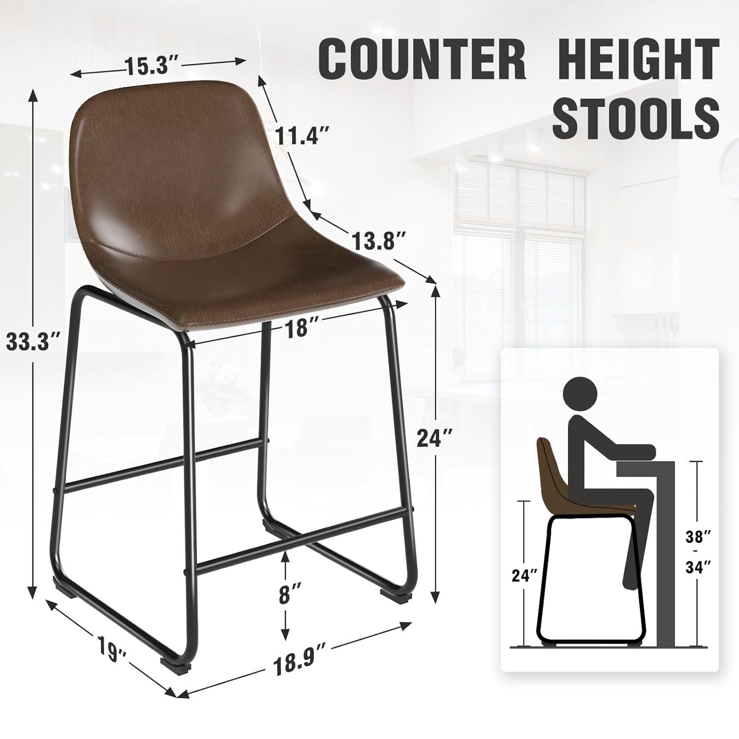 Bennium Counter Stools Set of 2, 24 inch Counter Height Bar Stools Hold up to 500 lbs, Armless Counter Height Chairs with Metal Legs & Soft Backrest for Kitchen Island Coffee Shop, Brown