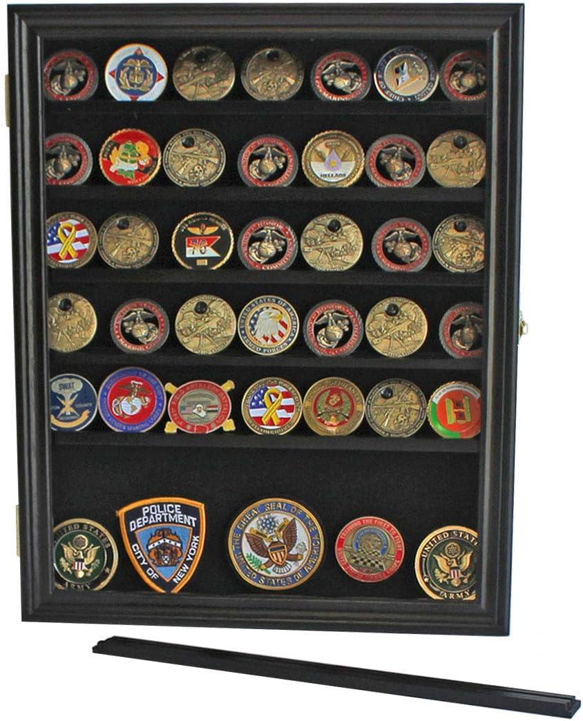 Challenge Coin / Casino Chip Display Case Cabinet Holder Shadow Box, Glass Door, Black (COIN56-BL)