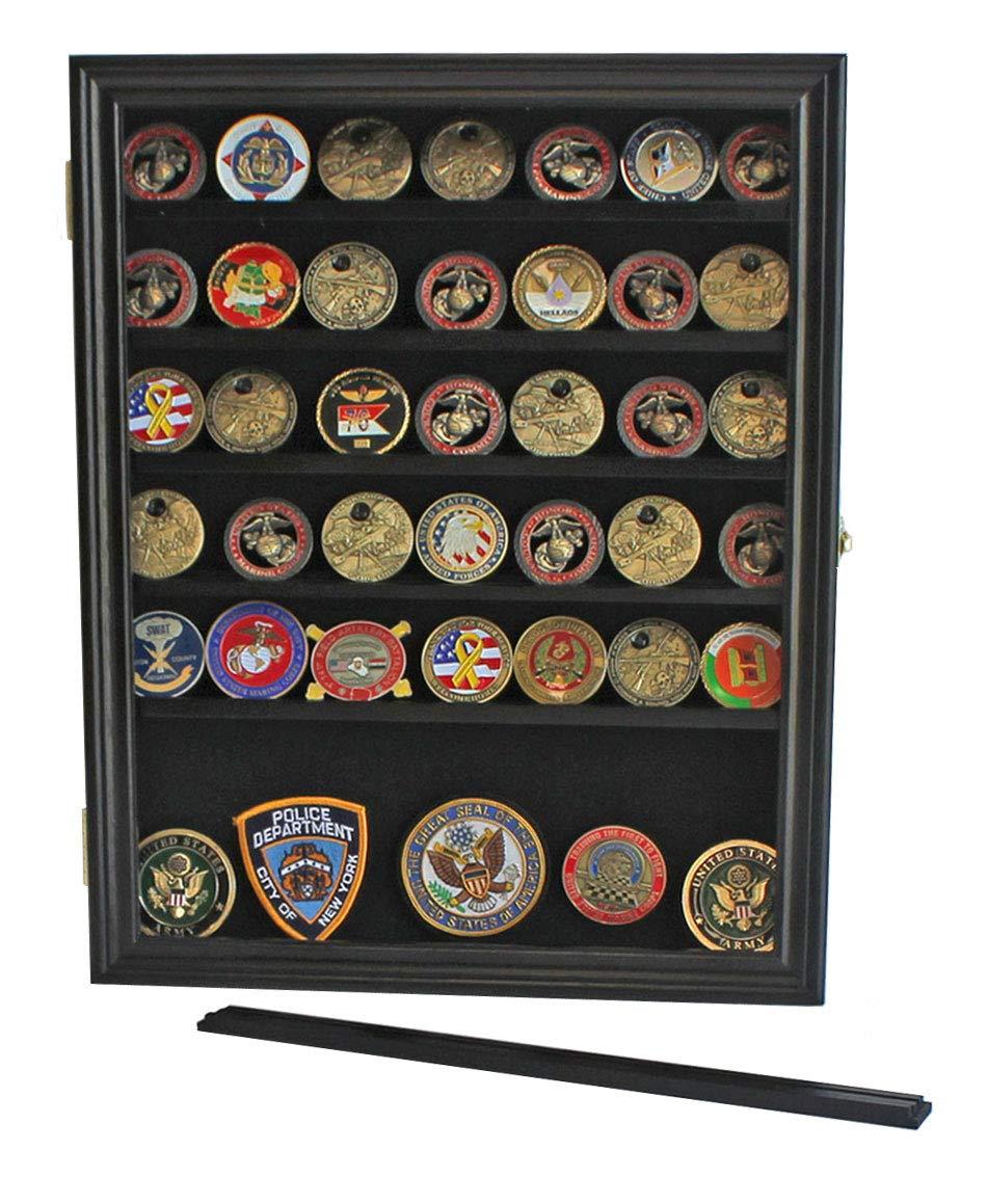 Challenge Coin / Casino Chip Display Case Cabinet Holder Shadow Box, Glass Door, Black (COIN56-BL)
