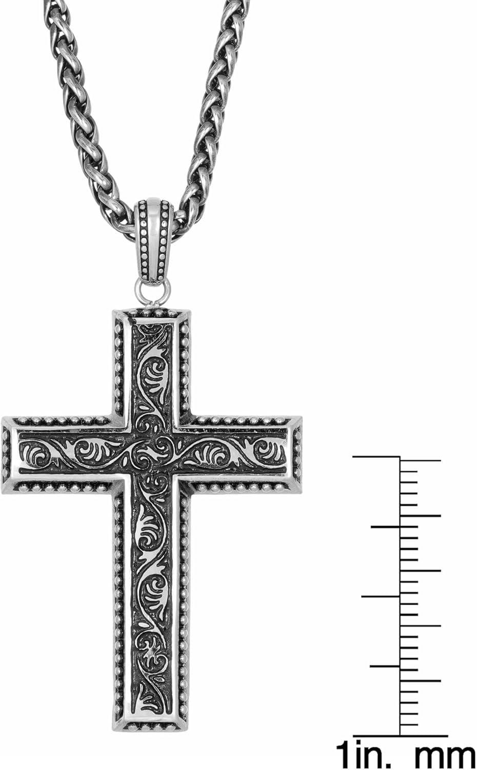 Antique Silver Stainless Steel Cross Pendant Necklace with Wheat Chain