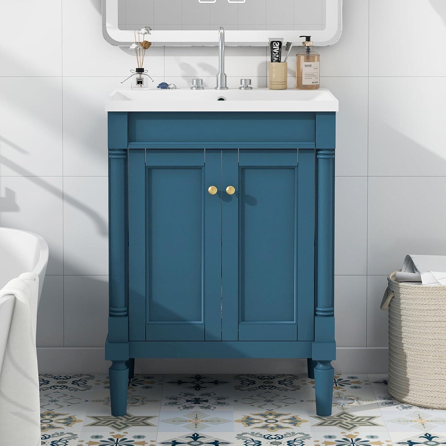 Green Shaker Style Bathroom Vanity with Tempered Glass Top