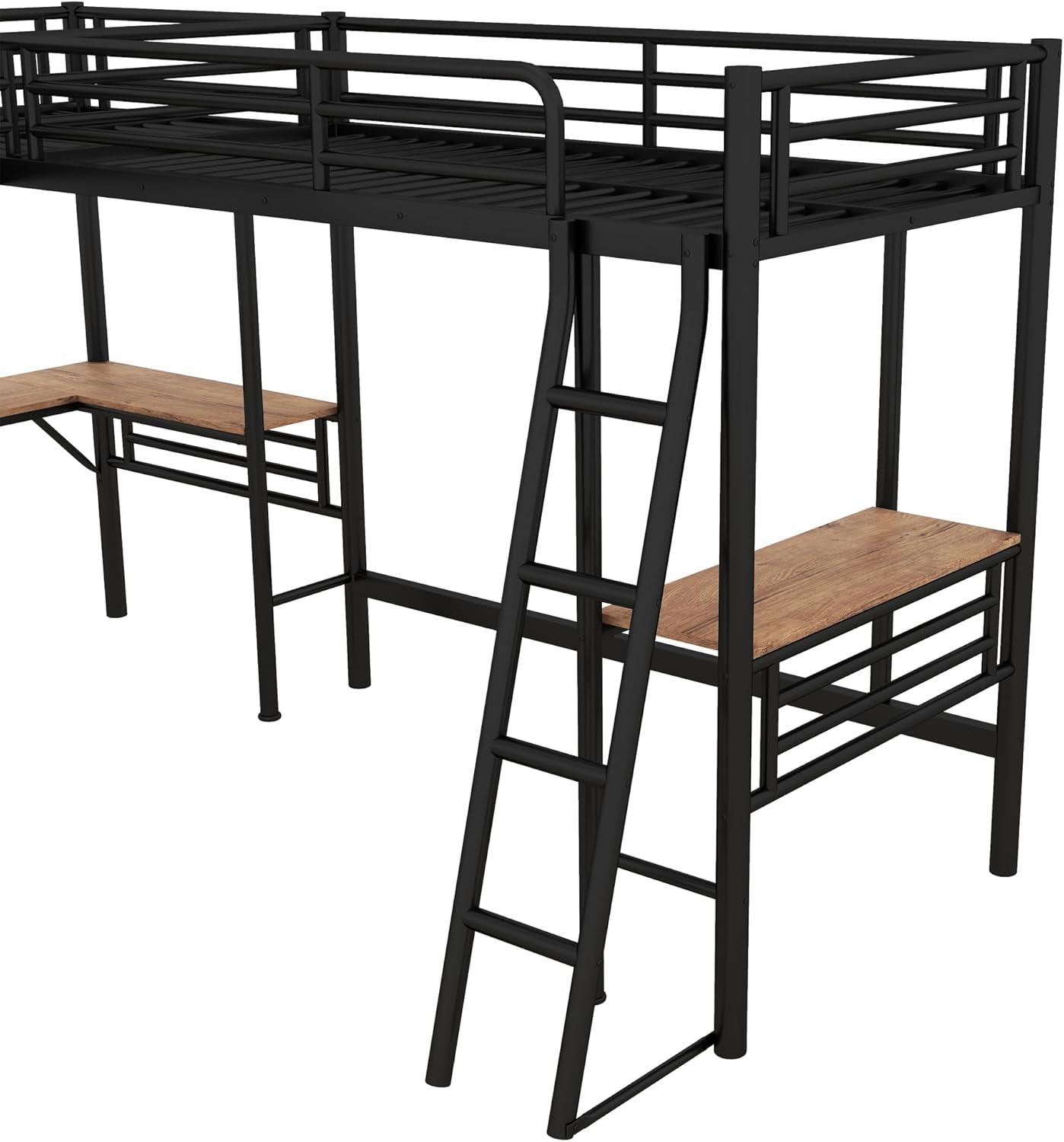 Mason & Marbles Double Twin Size Loft Beds, Metal L-Shaped Loft Bed Frame With Two Desk