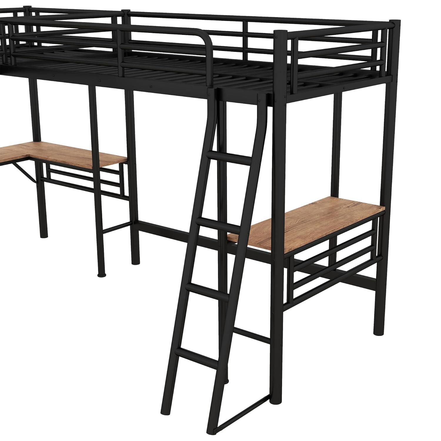 Mason & Marbles Double Twin Size Loft Beds, Metal L-Shaped Loft Bed Frame With Two Desk
