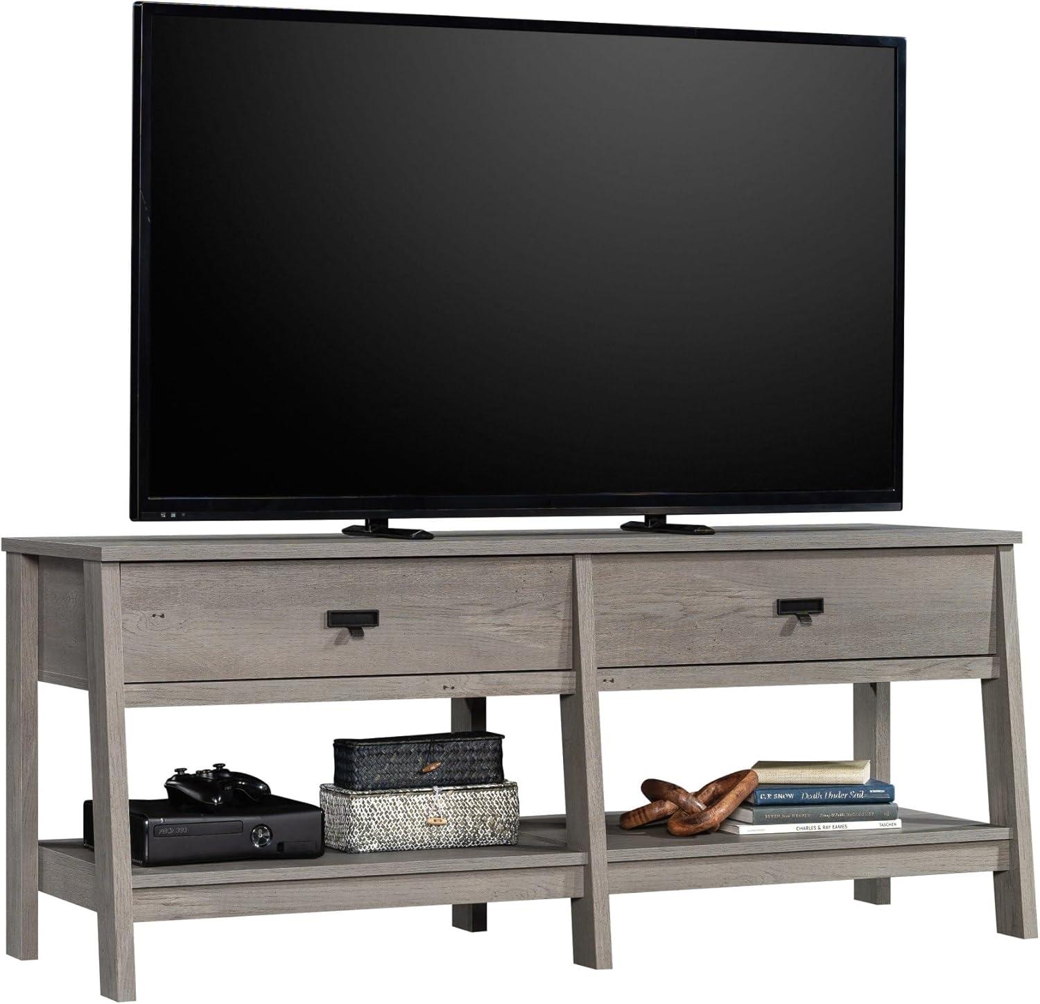 Sauder Trestle TV Stand with Drawers in Mystic Oak for TVs up to 60", Mystic Oak Finish