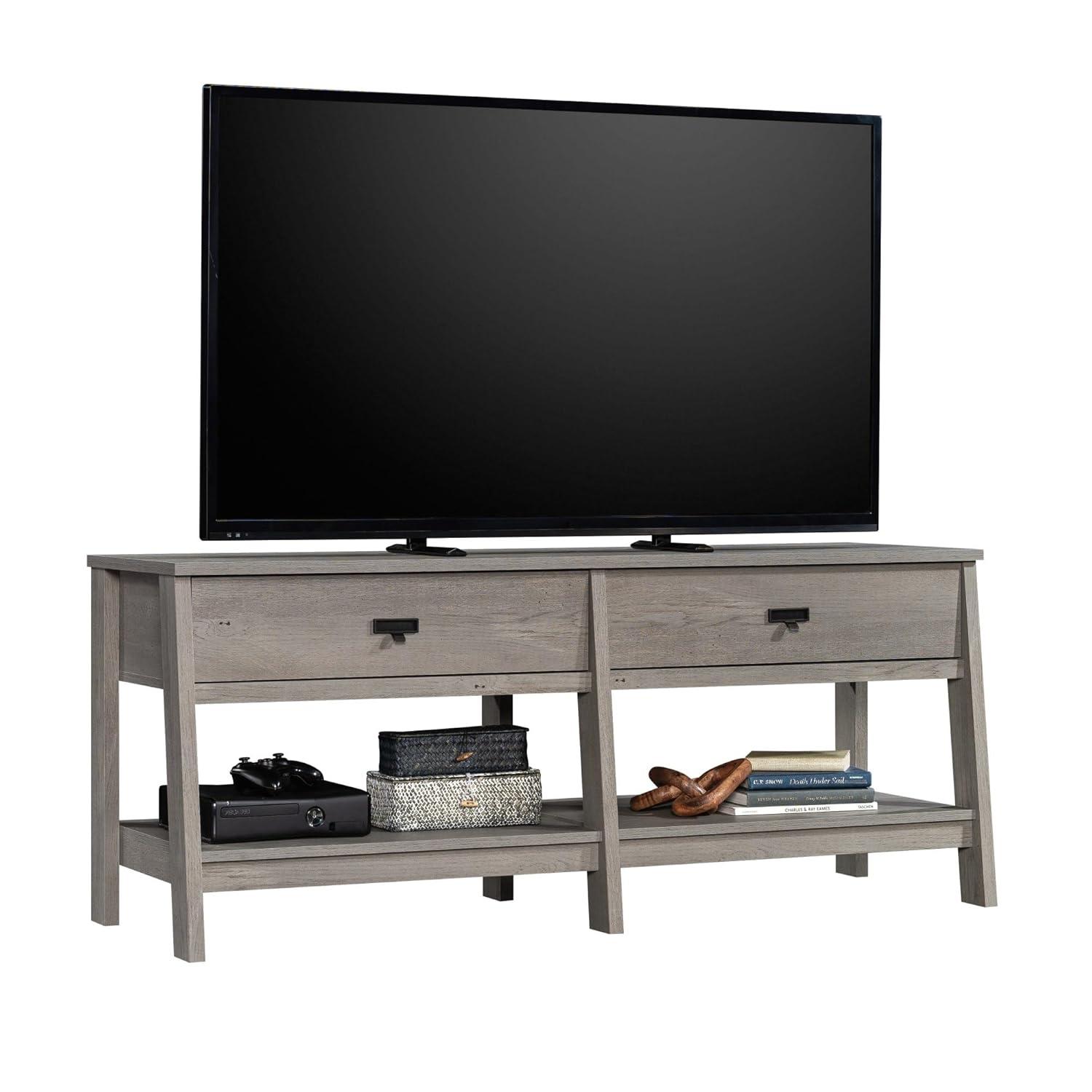 Sauder Trestle TV Stand with Drawers in Mystic Oak for TVs up to 60", Mystic Oak Finish
