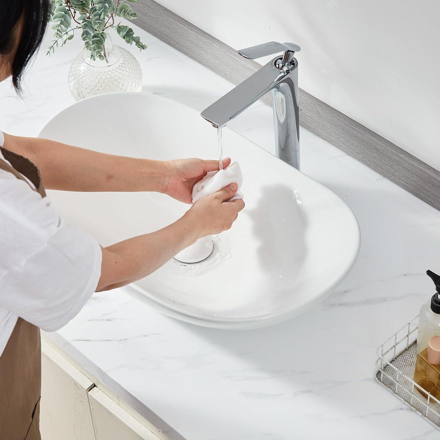 White Oval Ceramic Above-Counter Vessel Sink with Drain