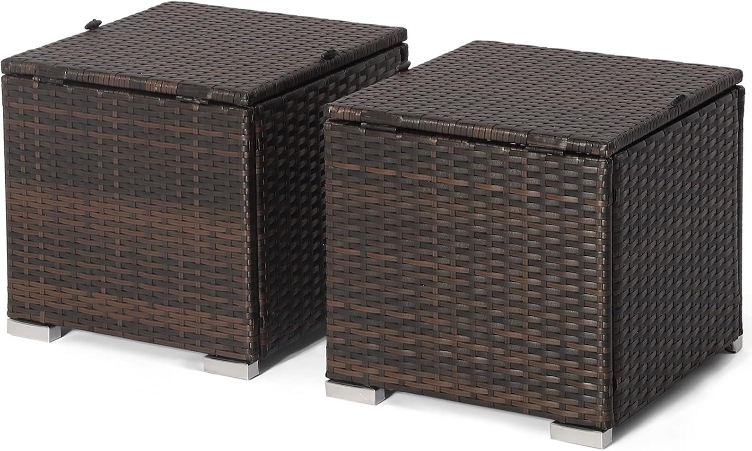 Gray Rattan Outdoor Storage Ottoman Set with Cushions