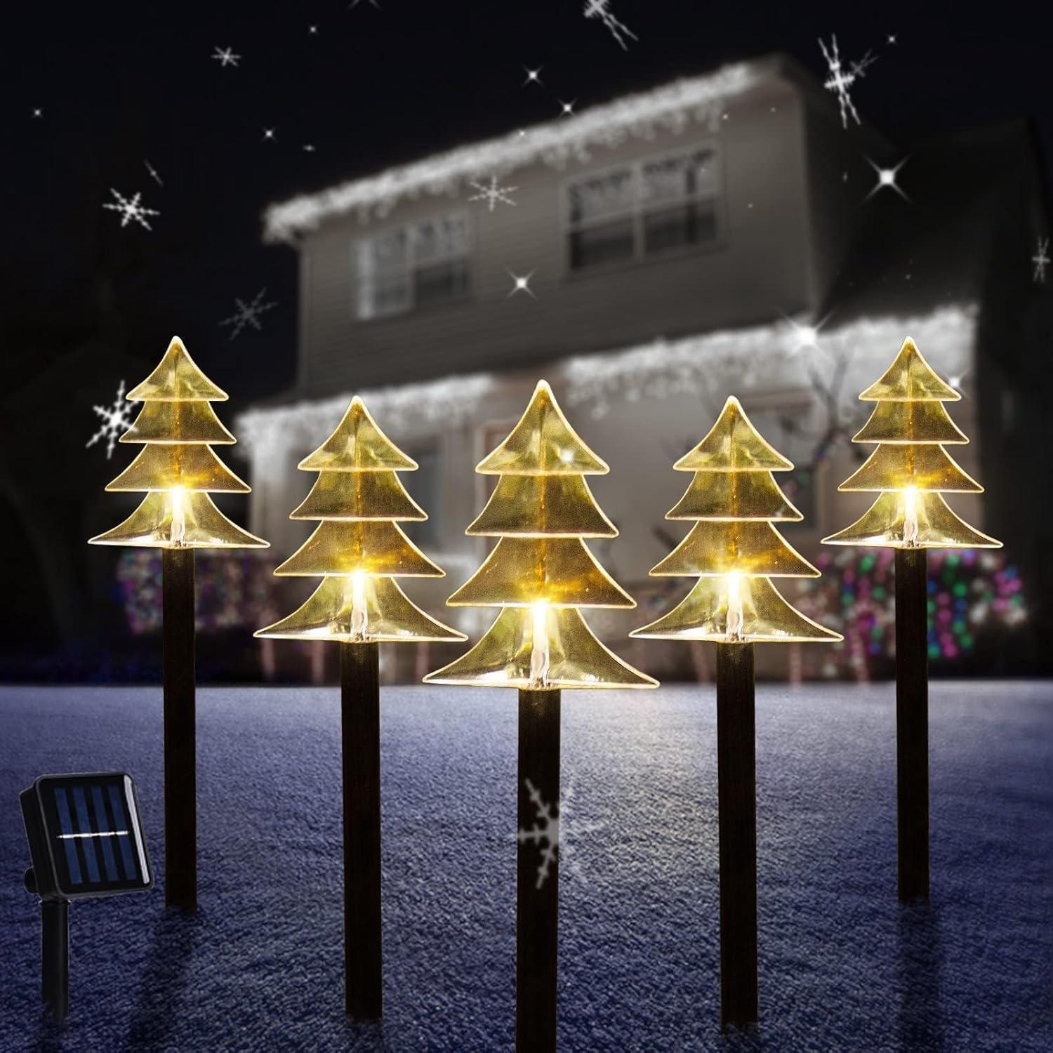 Enkey Christmas Solar Pathway Lights, Set of 5 Waterproof Landscape Christmas Lights, Stake Christmas Decorations, LED Lights for Yard Lawn Patio Walkway Decor (5PCS-Warm White-Tree)