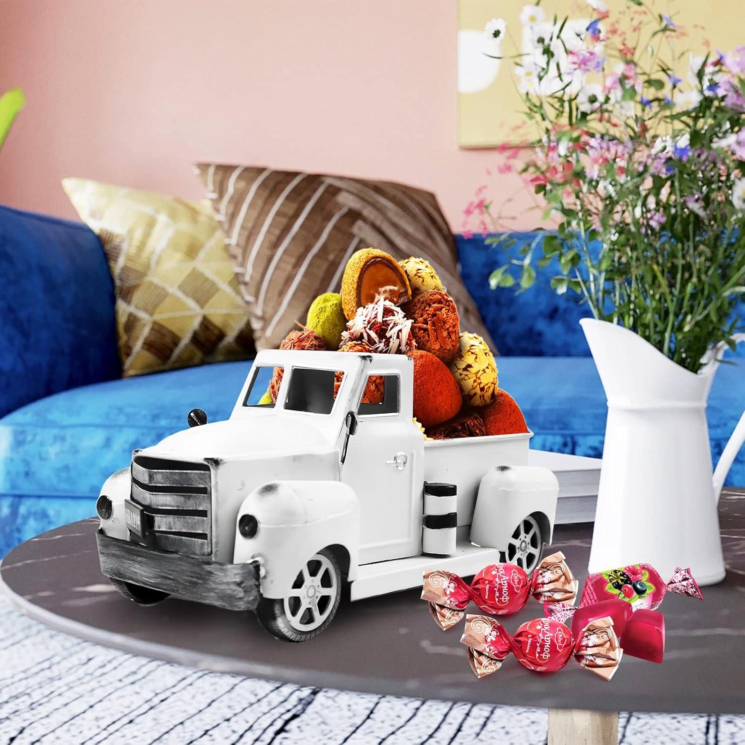 Sunflower Metal Truck with Artificial Flower Vintage Farm Pickup Farmhouse Tabletop Tiered Tray Decor, Rustic Farmhouse Decor for Table Top Decor Home Kitchen(White)