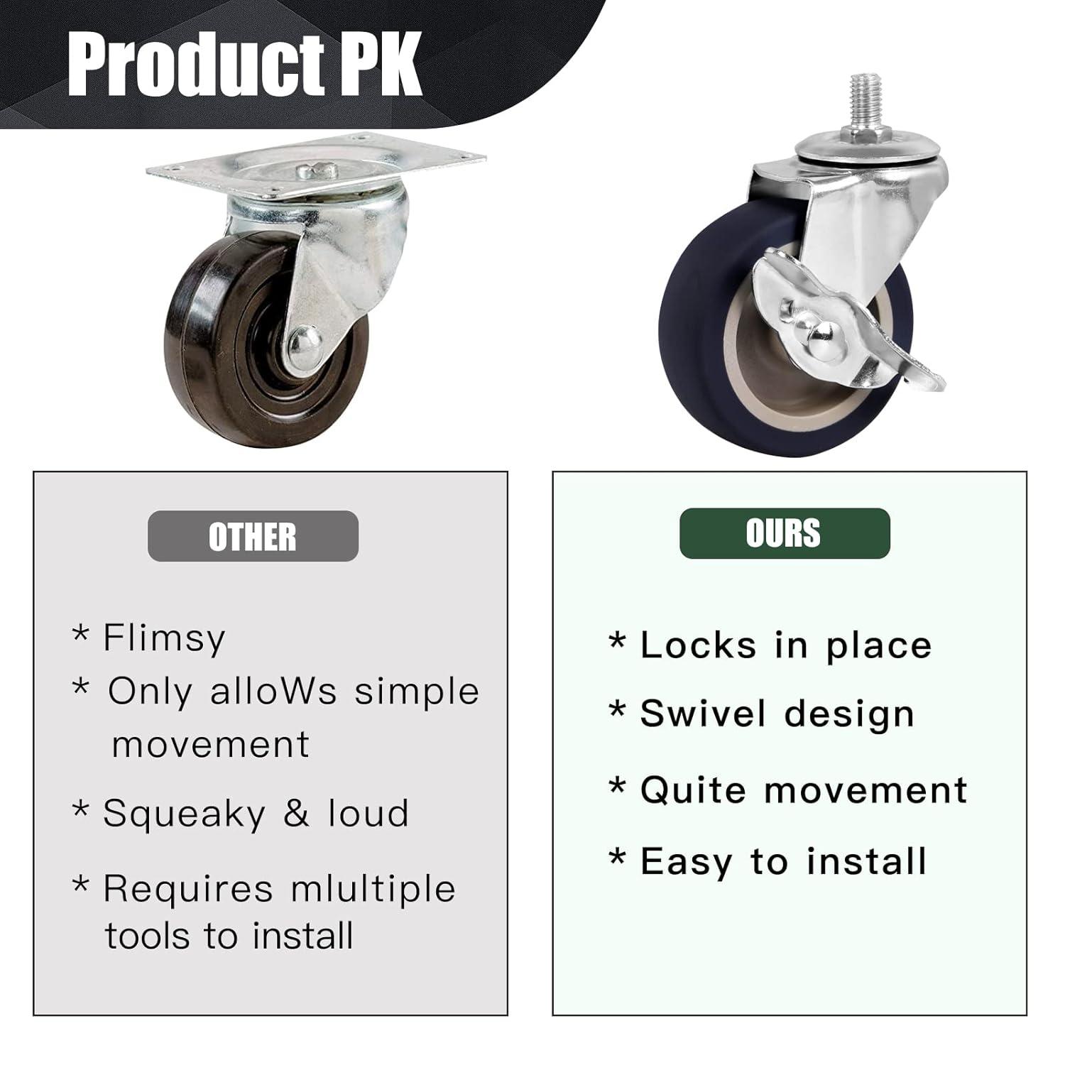 Caster Wheels, 3 Inch Stem Casters Set of 4, Heavy Duty Swivel Wheel with Brake, Metric Size M8-1.25-15 (Screw Diameter 8mm, Screw Length 15mm) Casters for Workbench Trolley, Furniture Dolly