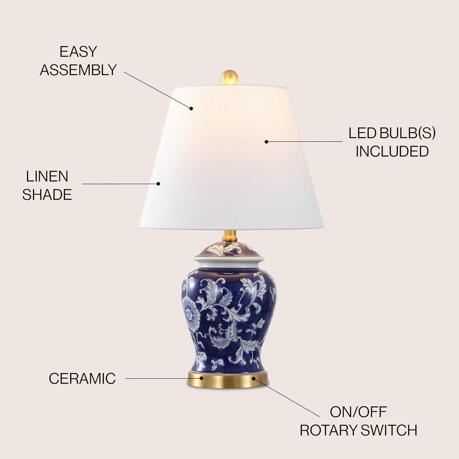 JONATHAN Y Penelope 22" French Country Cottage Ceramic/Iron Chinoiserie Ginger Jar LED Table Lamp, Navy/White