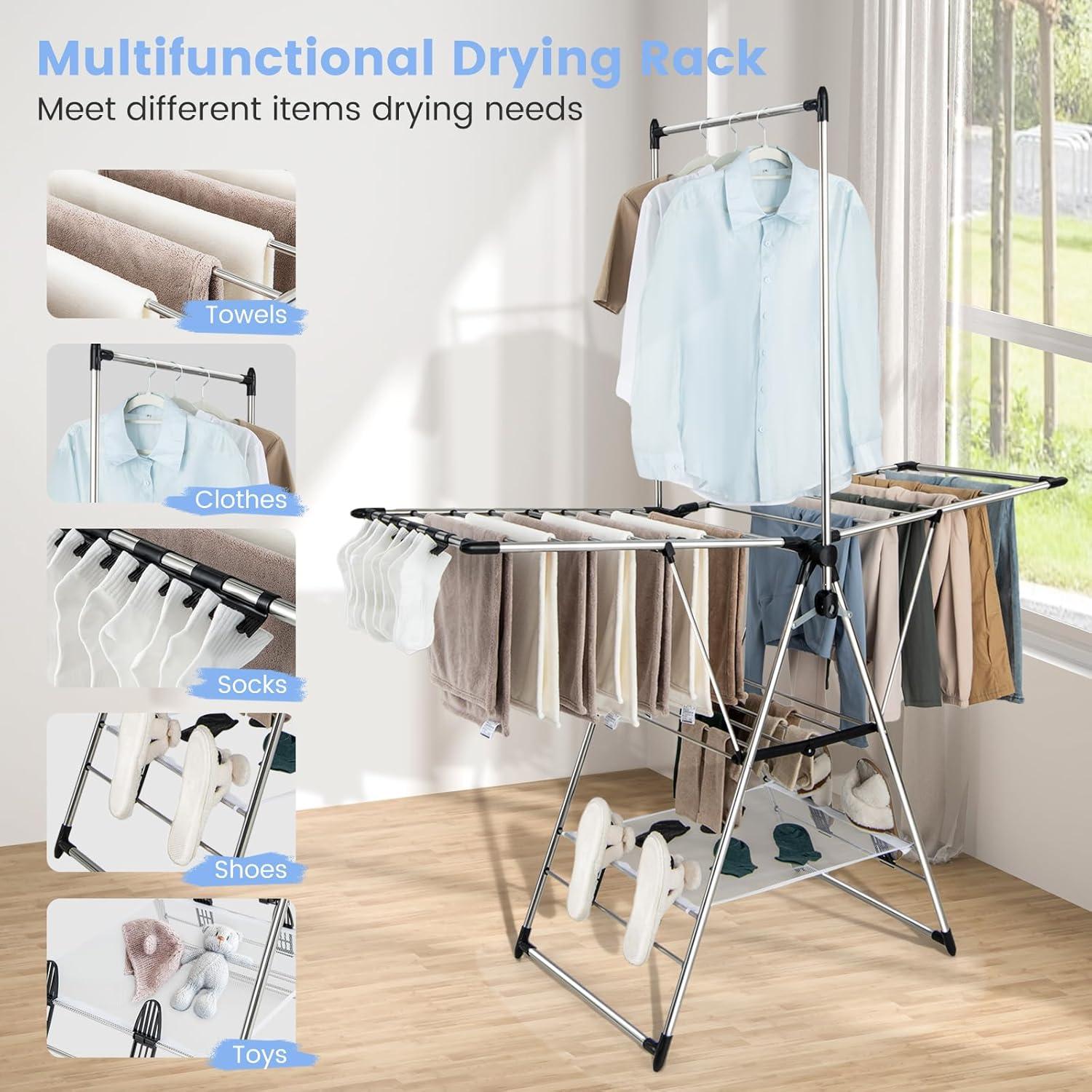 Topbuy Clothes Drying Rack Aluminum Gullwing Style Rack with 6-Level Adjustable Height High Hanger Design Side Clips