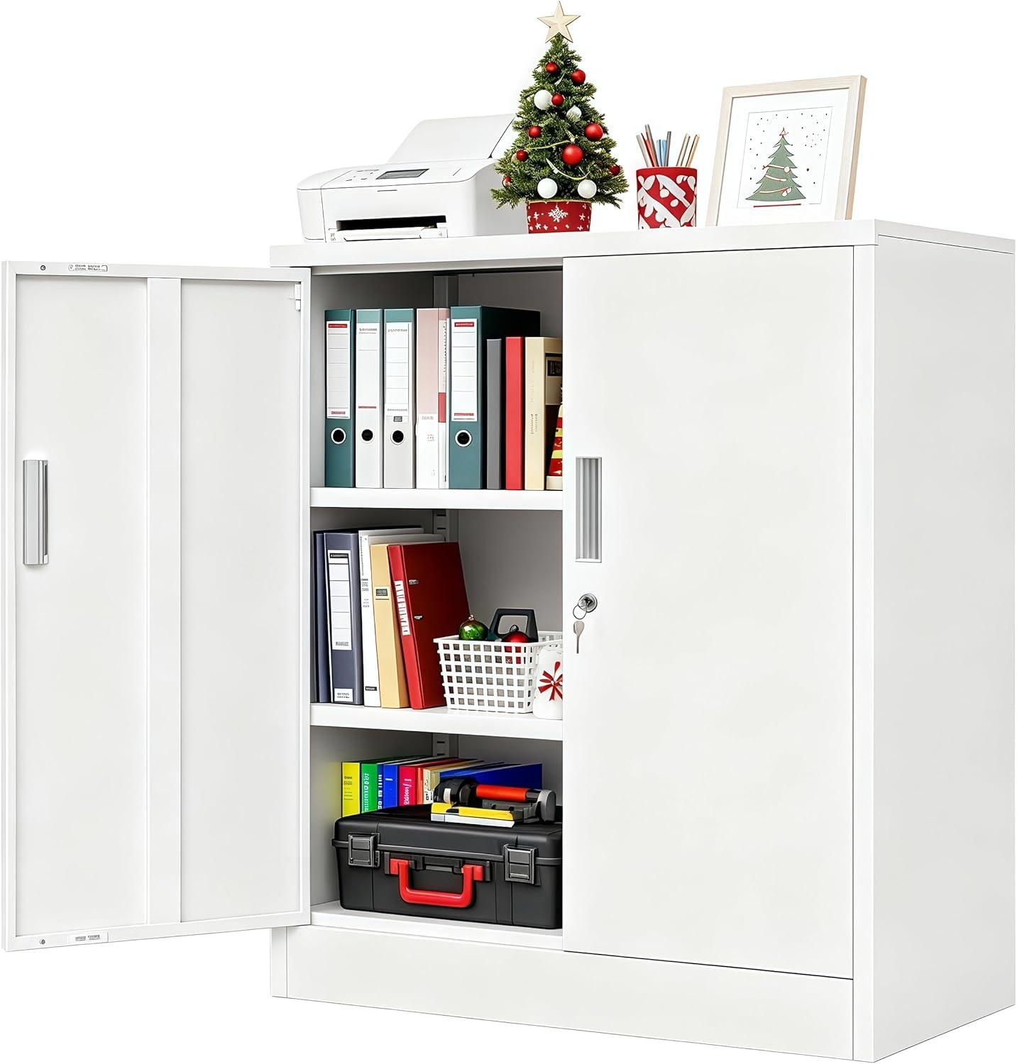 Metal Storage Cabinets with Shelves and Doors, Sideboard Buffet Cabinet for Kitchen, Entryway, Living Room, Home Office, Garage, Utility Room and Basement, 36.2" H x 31.5" W x 15.7" D (White)