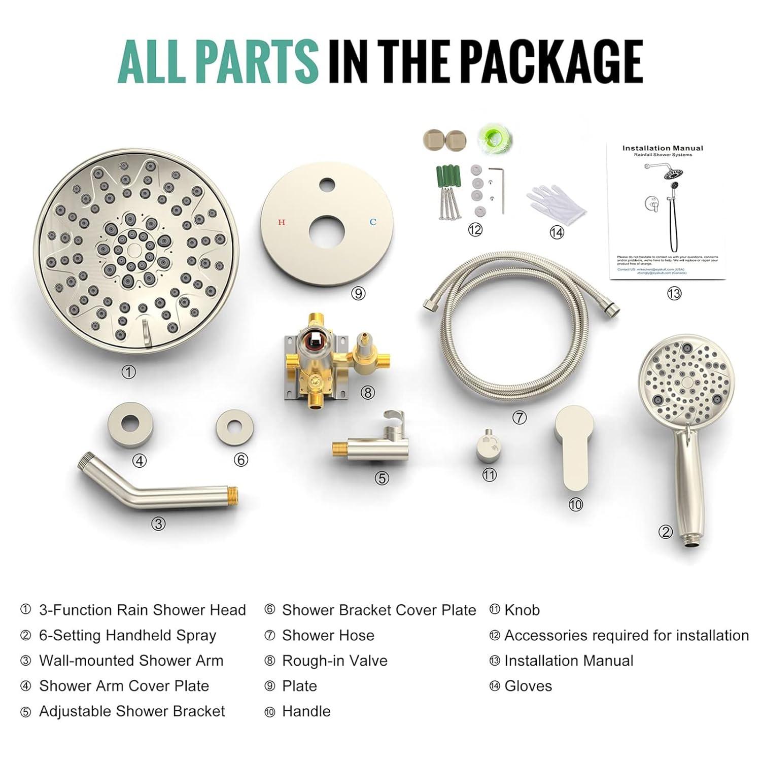 SR SUN RISE Shower Faucet - 8 Inch Multifunctional High Pressure Shower Head System with Handheld Shower Head Fixtures - Valve Included - Brushed Nickel