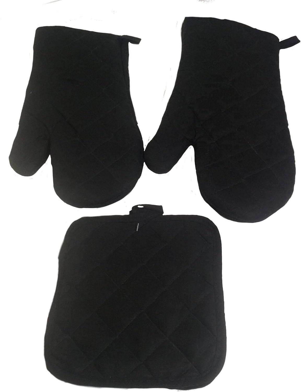 Black Cotton Quilted Oven Mitt and Potholder Set