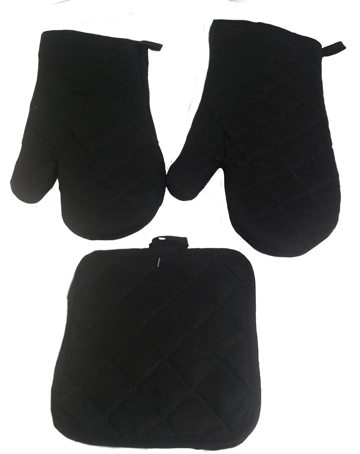 Black 3pc Set Oven Mitt with Potholders for Cooking, Baking, Grilling & Kitchen by Osnell USA