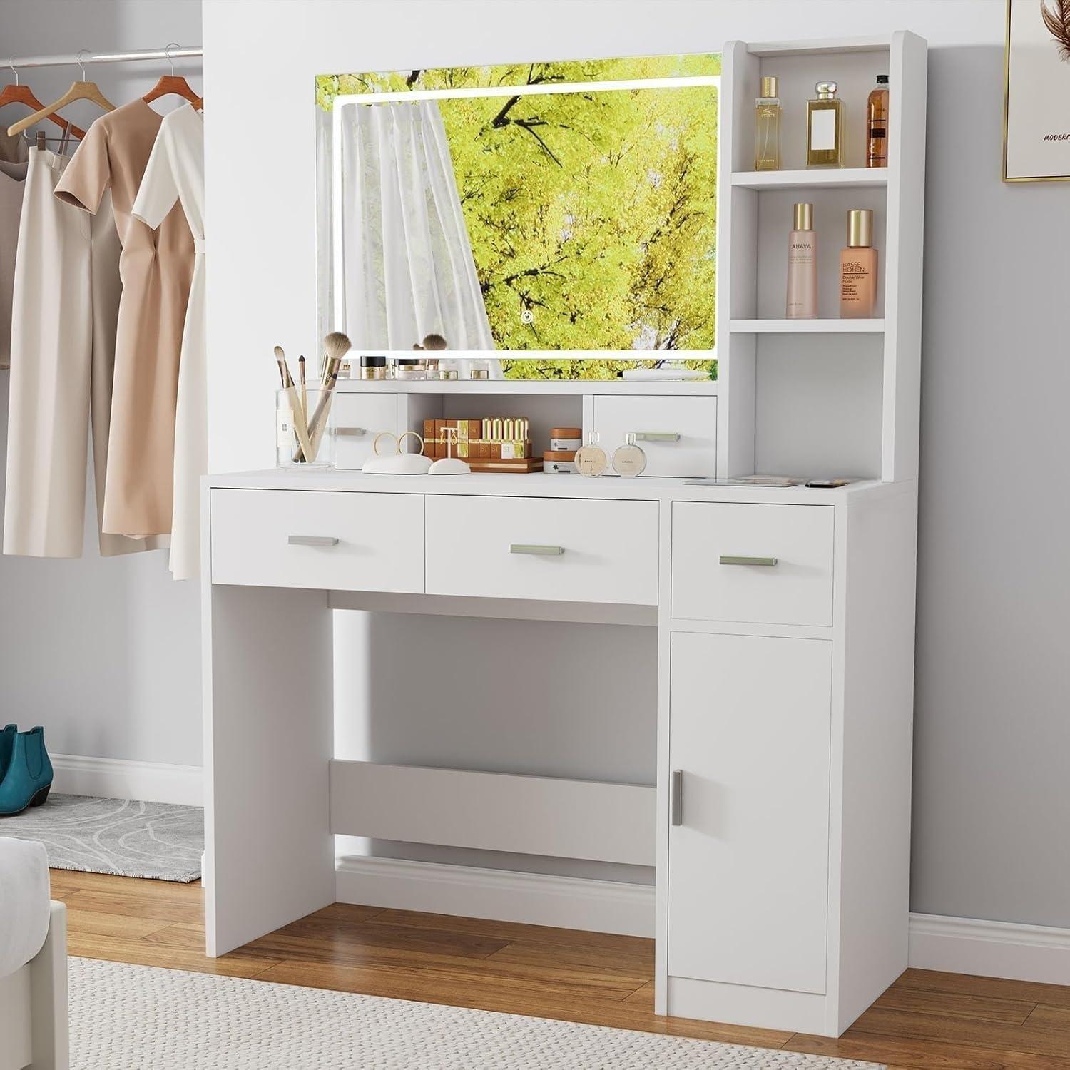 Vanity Desk with Large LED Mirror, Large Vanity Table with Charging Station, Makeup Vanity Desk with Drawers for Bedroom Dressing Room, Women Girls