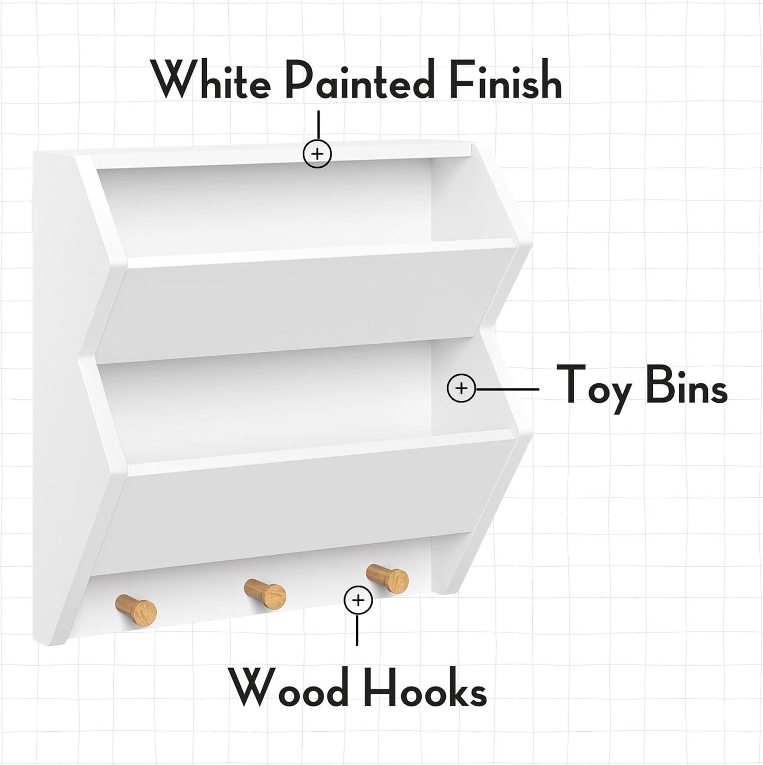 RiverRidge Kids' CatchAll Wall Bookshelf with 2 Toy Storage Cubbies and 3 Wooden Hooks White