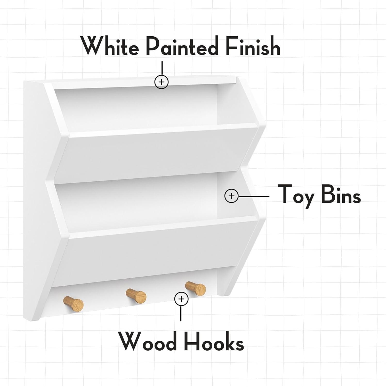 RiverRidge Home RiverRidge Kids Catch-All Wall Bookshelf with 2 Toy Storage Cubbies and 3 Wooden Hooks for Playroom, Nursery, and Reading Nook - White
