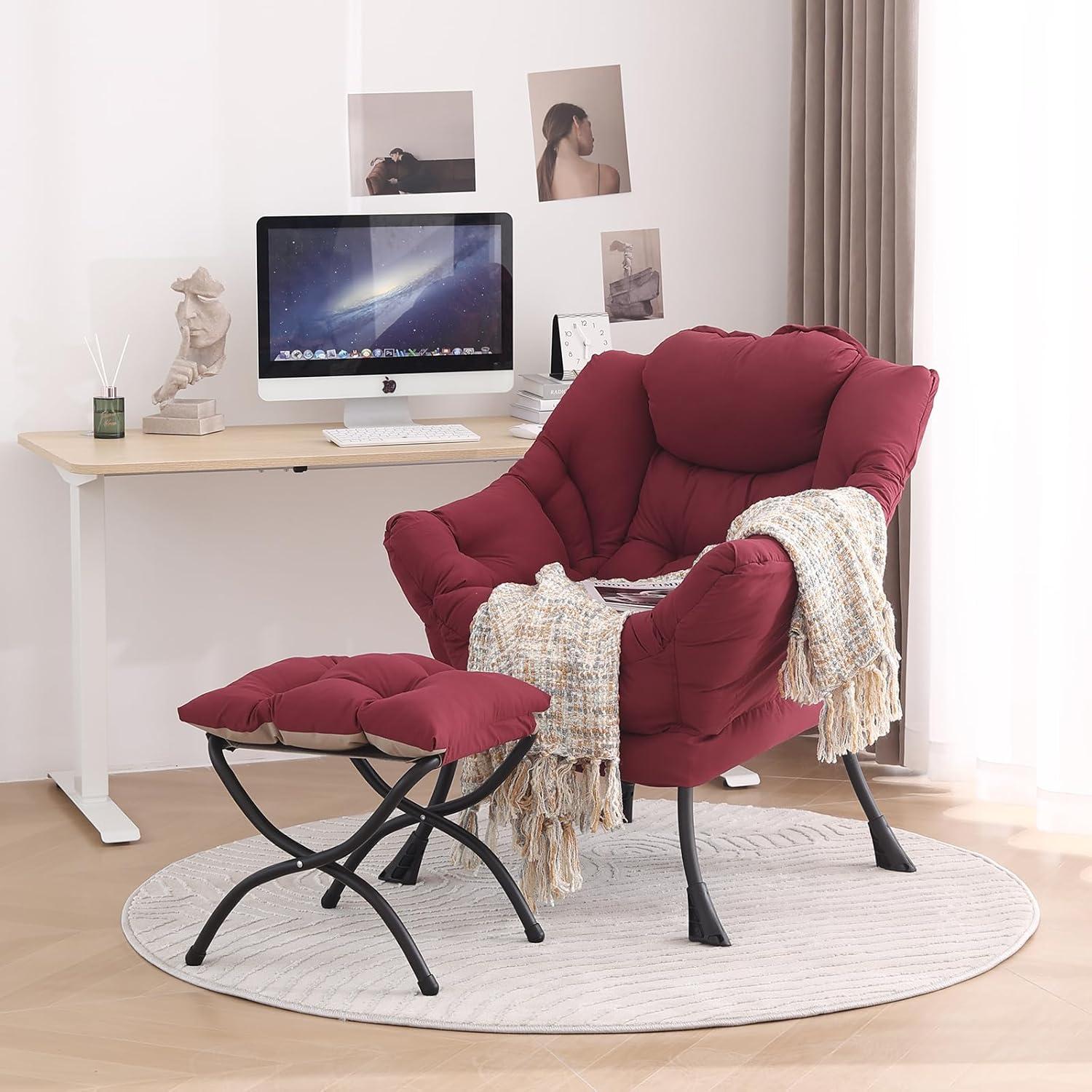 Burgundy Velvet Accent Chair with Ottoman and Metal Frame