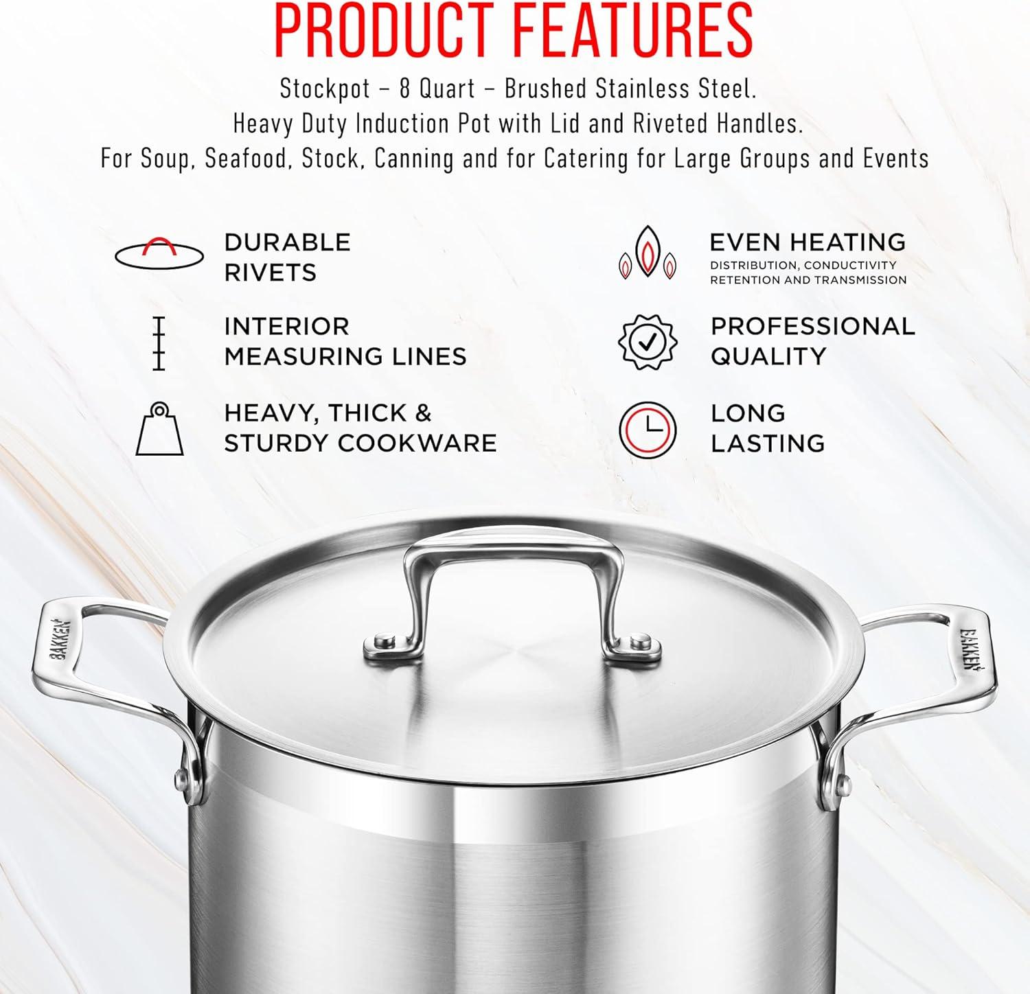 Bakken- Swiss Stockpot Brushed Stainless Steel Induction Pot with Lid and Riveted Handles