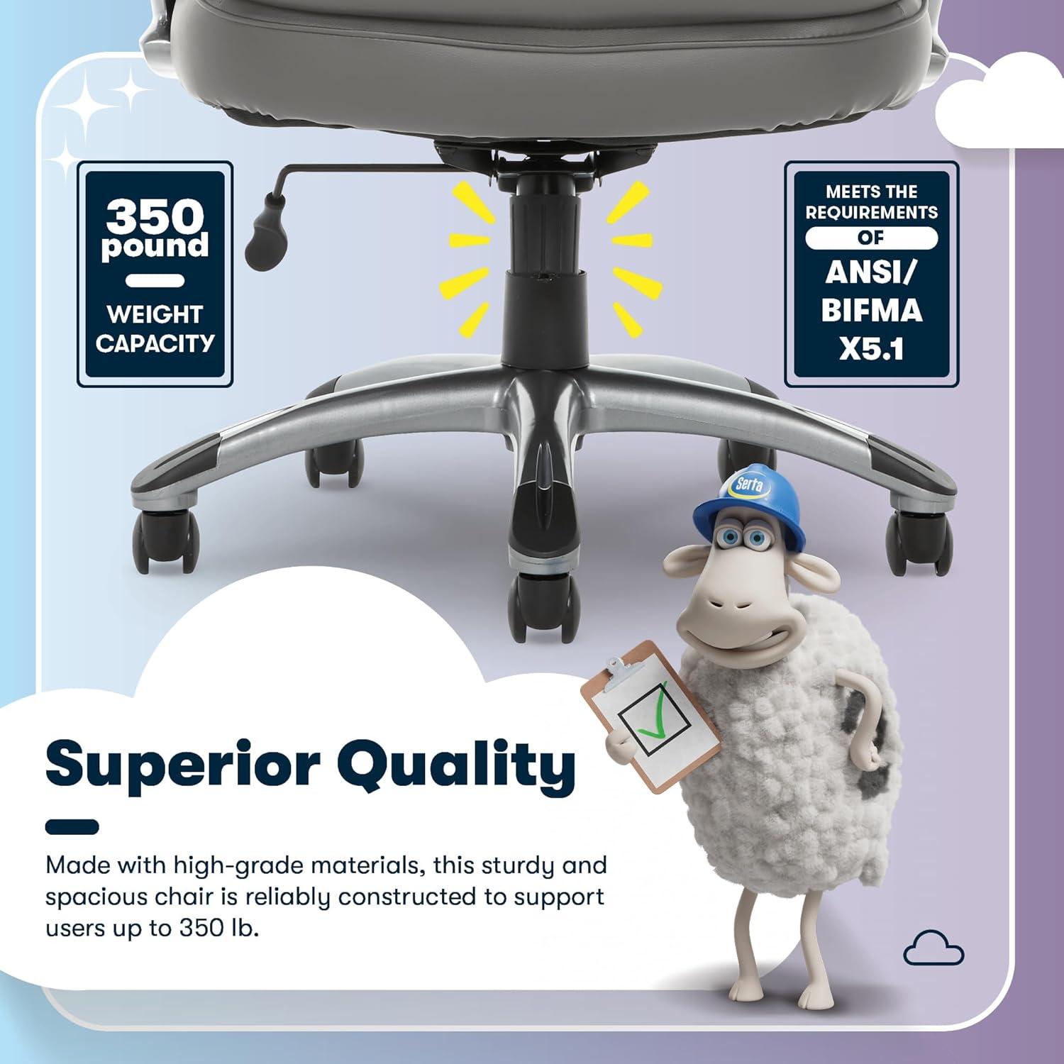 Big and Tall Executive Office Chair Opportunity Gray - Serta: Heavy-Duty, Ergonomic with Lumbar Support, Fixed Arms