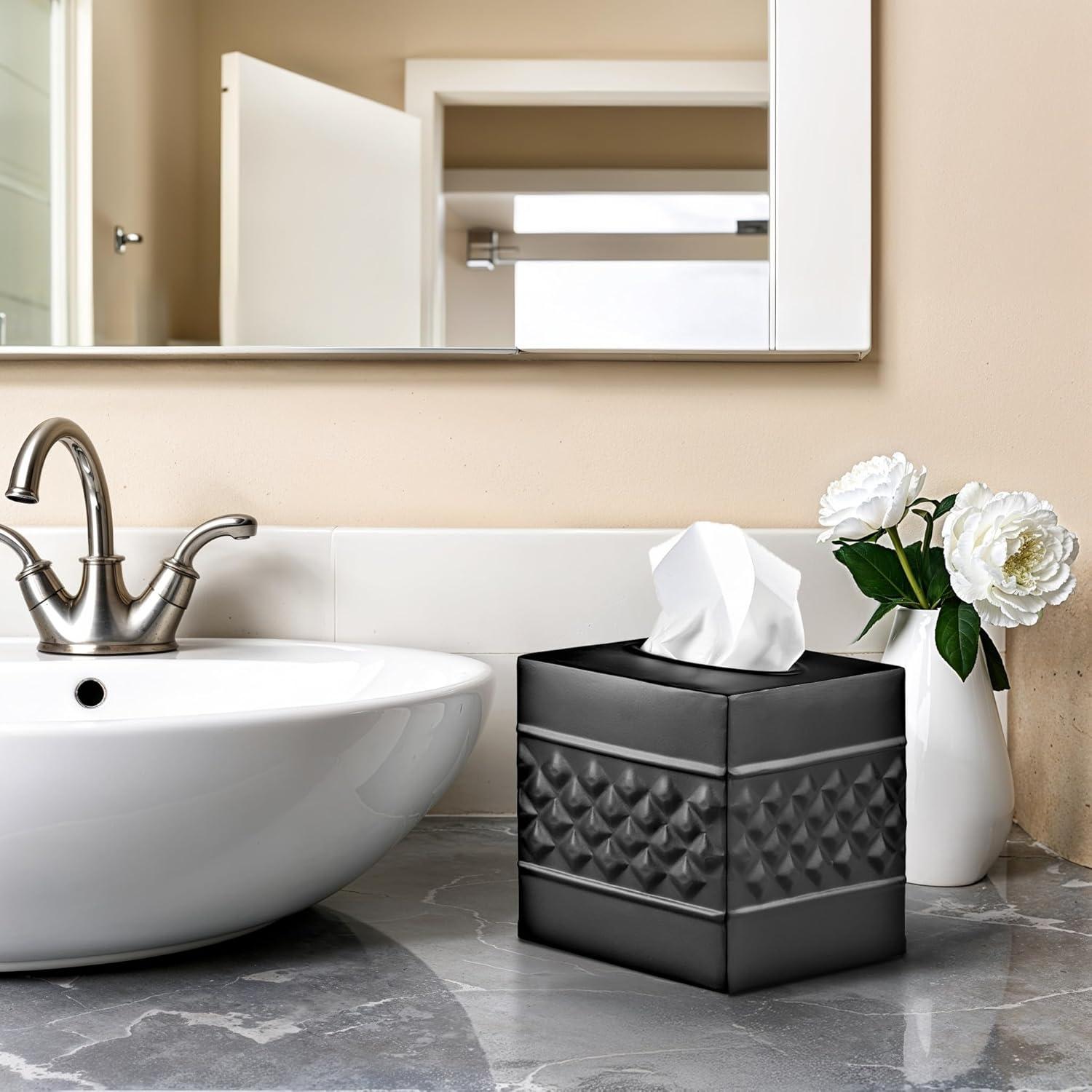 Monarch Abode Tissue Box Cover, Hand Hammered, Metal, Square Tissue Box Holder, Black