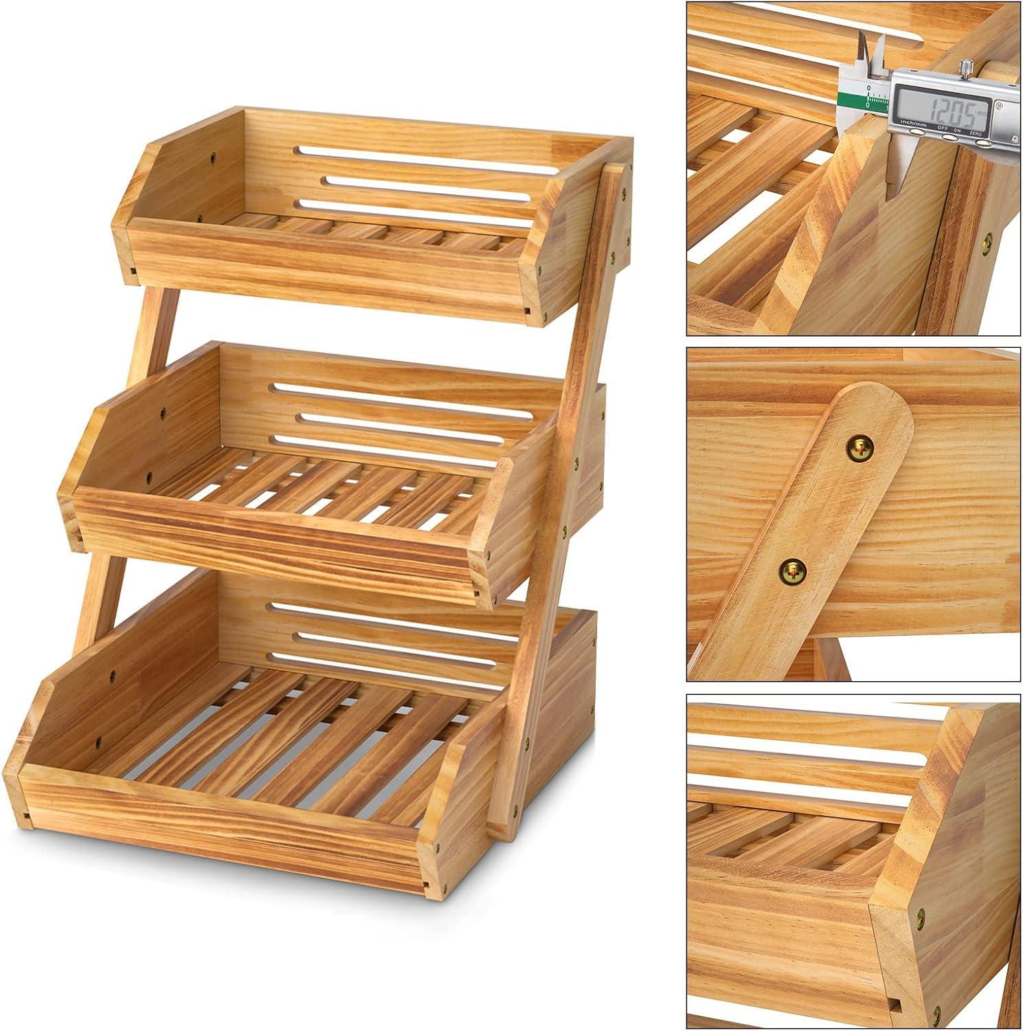 3 Tier Wooden Fruit Basket For Kitchen, Bread Vegetable Fruit Basket Bowl Stand, Farmhouse Fruit Bowl for Countertop, Large