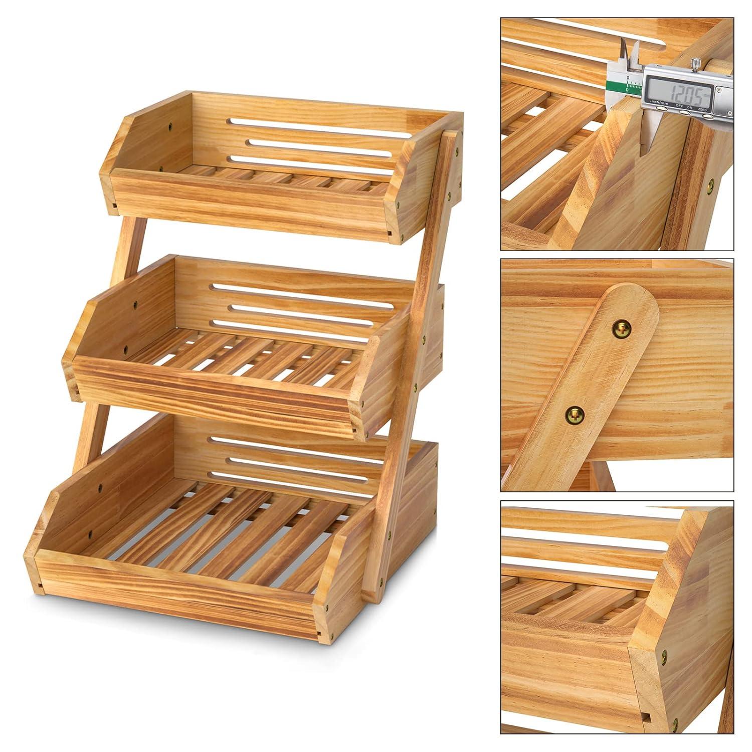 3 Tier Wooden Fruit Basket For Kitchen, Bread Vegetable Fruit Basket Bowl Stand, Farmhouse Fruit Bowl for Countertop, Large