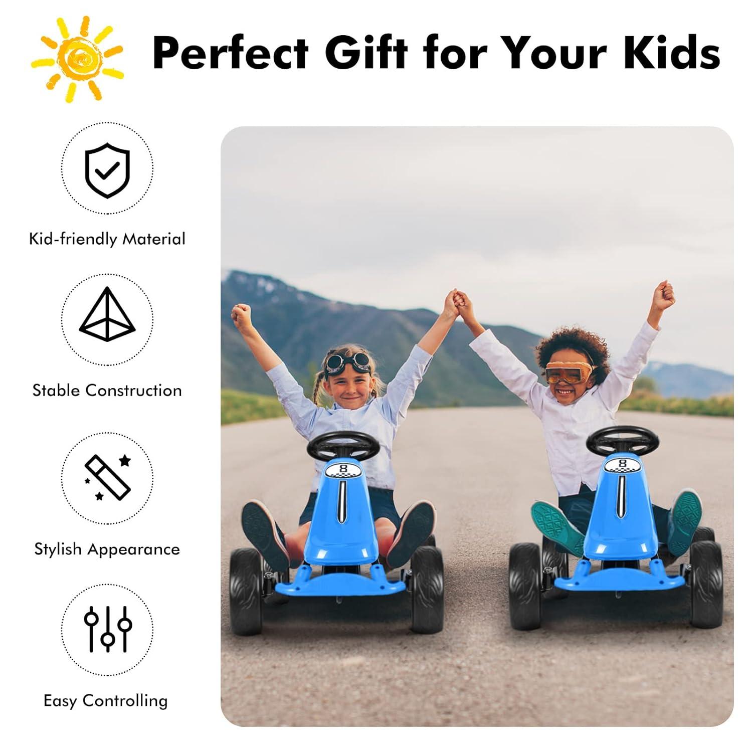 Costway Xmas Gift Go Kart Kids Ride On Car Pedal Powered Car 4 Wheel Racer Toy Stealth Outdoor Blue