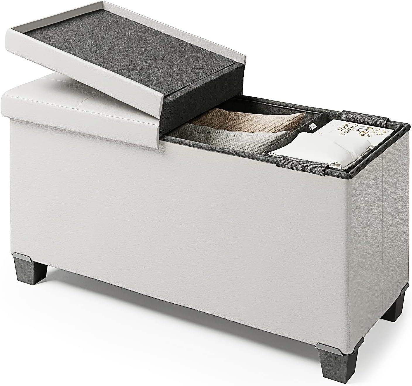 Storage Ottoman Bench with Storage Bins, 30-In Storage Bench for Bedroom End of Bed, Folding Foot Rest Ottoman with Storage for Living Room, Storage Chest Max 660lbs, Faux Leather Ottoman, White