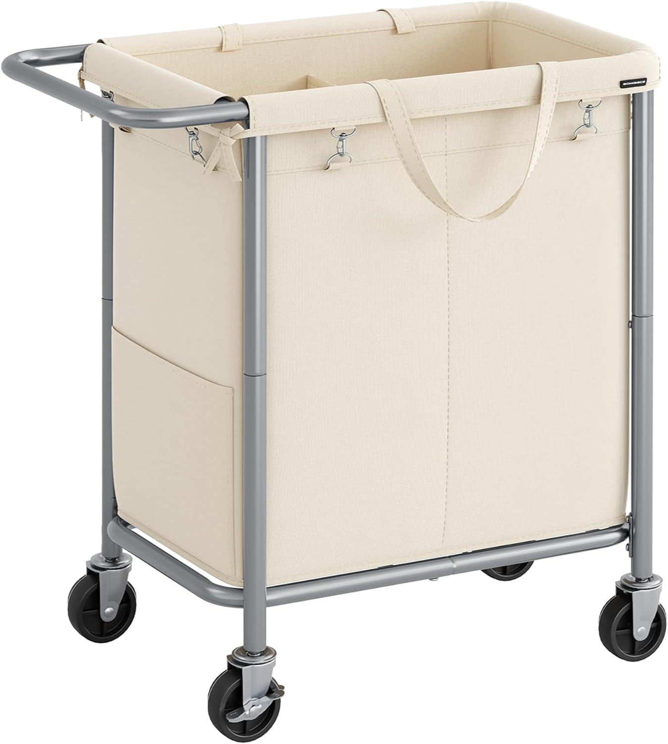 SONGMICS Laundry Basket with Wheels, 2-Section Rolling Laundry Hamper, 37 Gallons (140 L), Removable Liner, Steel Frame with Handle, 27.2 x 15.4 x 31.9 Inches, Cream White URLS004W01
