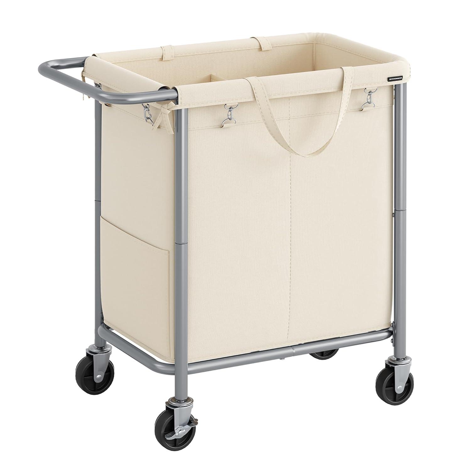 SONGMICS Laundry Basket with Wheels, 2-Section Rolling Laundry Hamper, 37 Gallons (140 L), Removable Liner, Steel Frame with Handle, 27.2 x 15.4 x 31.9 Inches, Cream White URLS004W01