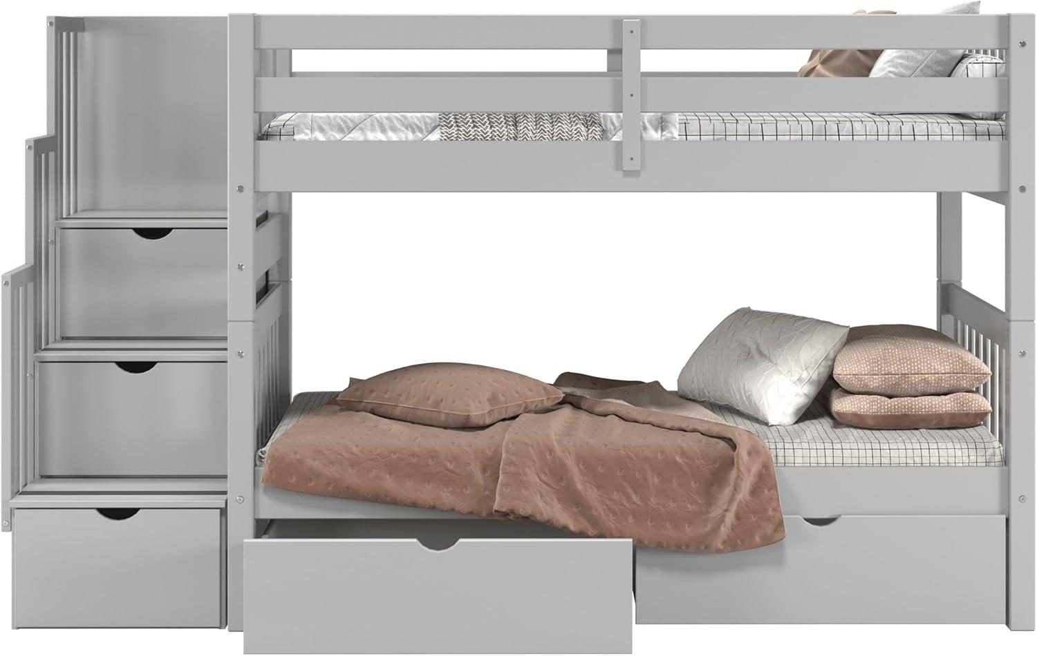 Bedz King Stairway Bunk Beds Twin over Twin with 3 Drawers in the Steps and 2 Under Bed Drawers, Dark Cherry