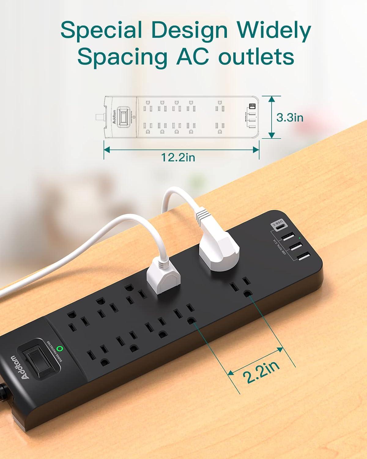 Black Heavy Duty 10-Outlet Power Strip with 6 Ft Cord and USB Ports