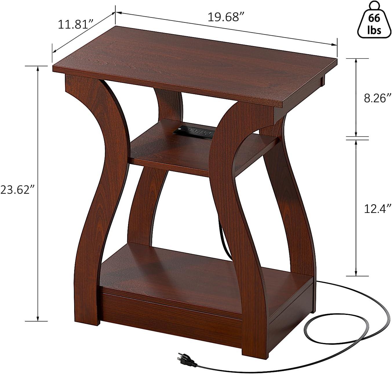 End Table Set of 2 Side Table with Charging Station, Side Table with USB Ports and Outlets, Nightstand, 3 Tier End Table with Storage Shelf for Living Room, Bedroom (Cherry)