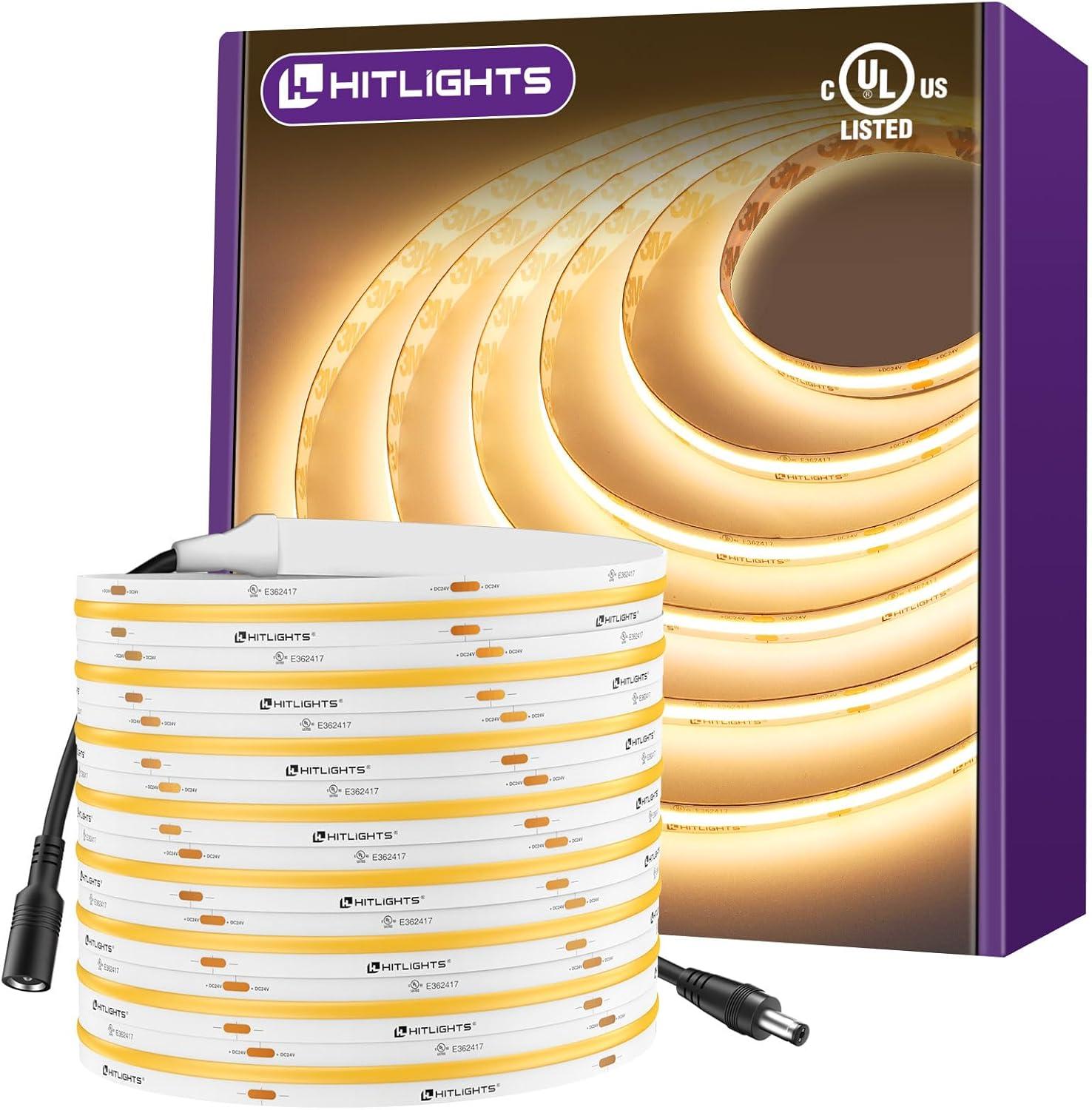 HitLights COB LED Strip Lights Warm White 3000K, 16.4ft Premium High Density 24V Tape Light, 2560 LEDs, 350+ LM/FT, CRI 90+, IP30, Lighting for Kitchen, Cabinets, UL Listed (Power Source Not Included)