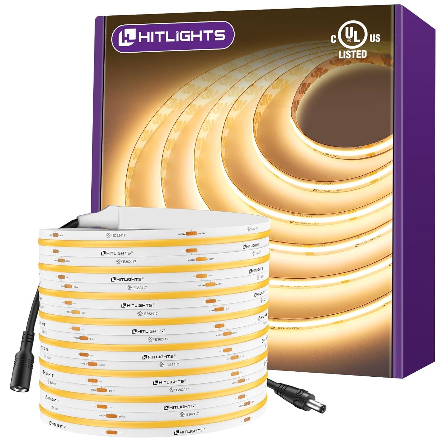 HitLights COB LED Strip Lights Warm White 3000K, 16.4ft Premium High Density 24V Tape Light, 2560 LEDs, 350+ LM/FT, CRI 90+, IP30, Lighting for Kitchen, Cabinets, UL Listed (Power Source Not Included)
