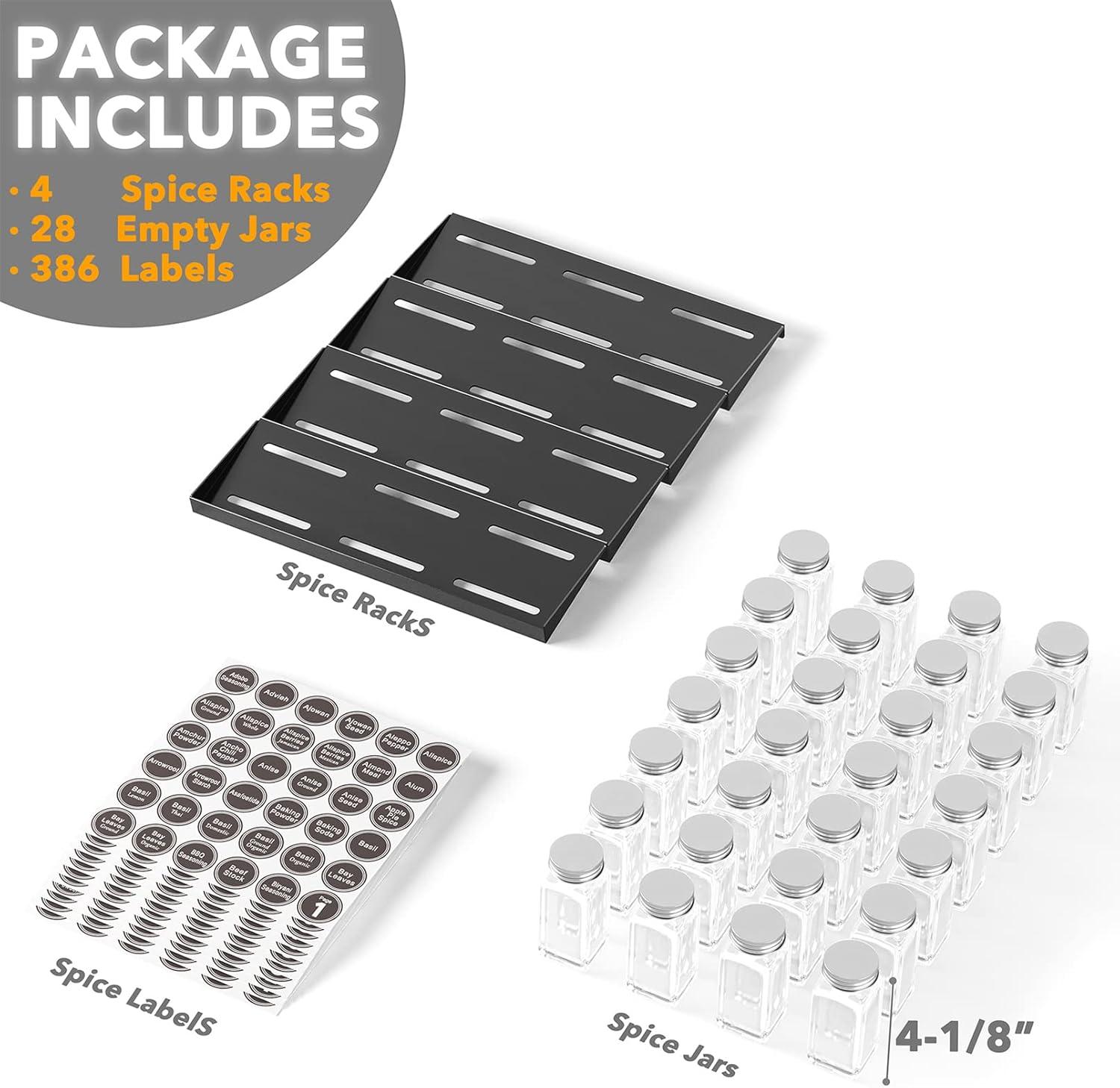 Spice Drawer Organizer with 28 Spice Jars - 4-Tier Seasoning Rack Tray Insert, 386 Spice Labels, 13" Wide x 17.5" Deep