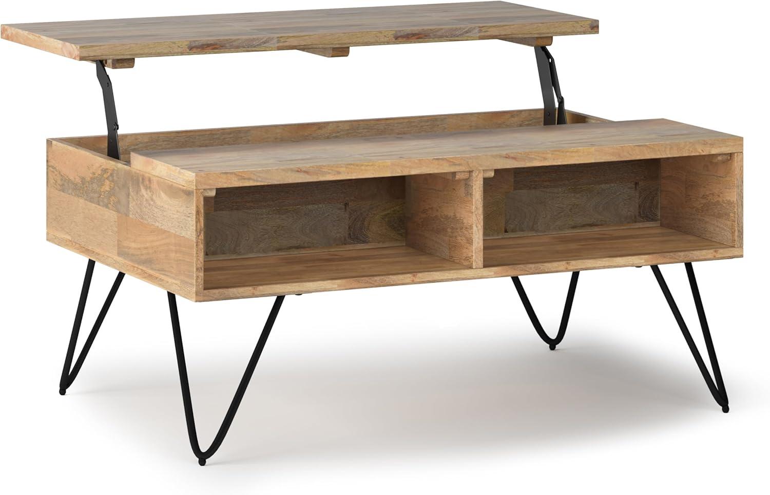 Hunter Solid Wood Industrial Small Lift Top Coffee Table with Hidden Storage and Metal Hairpin Legs.
