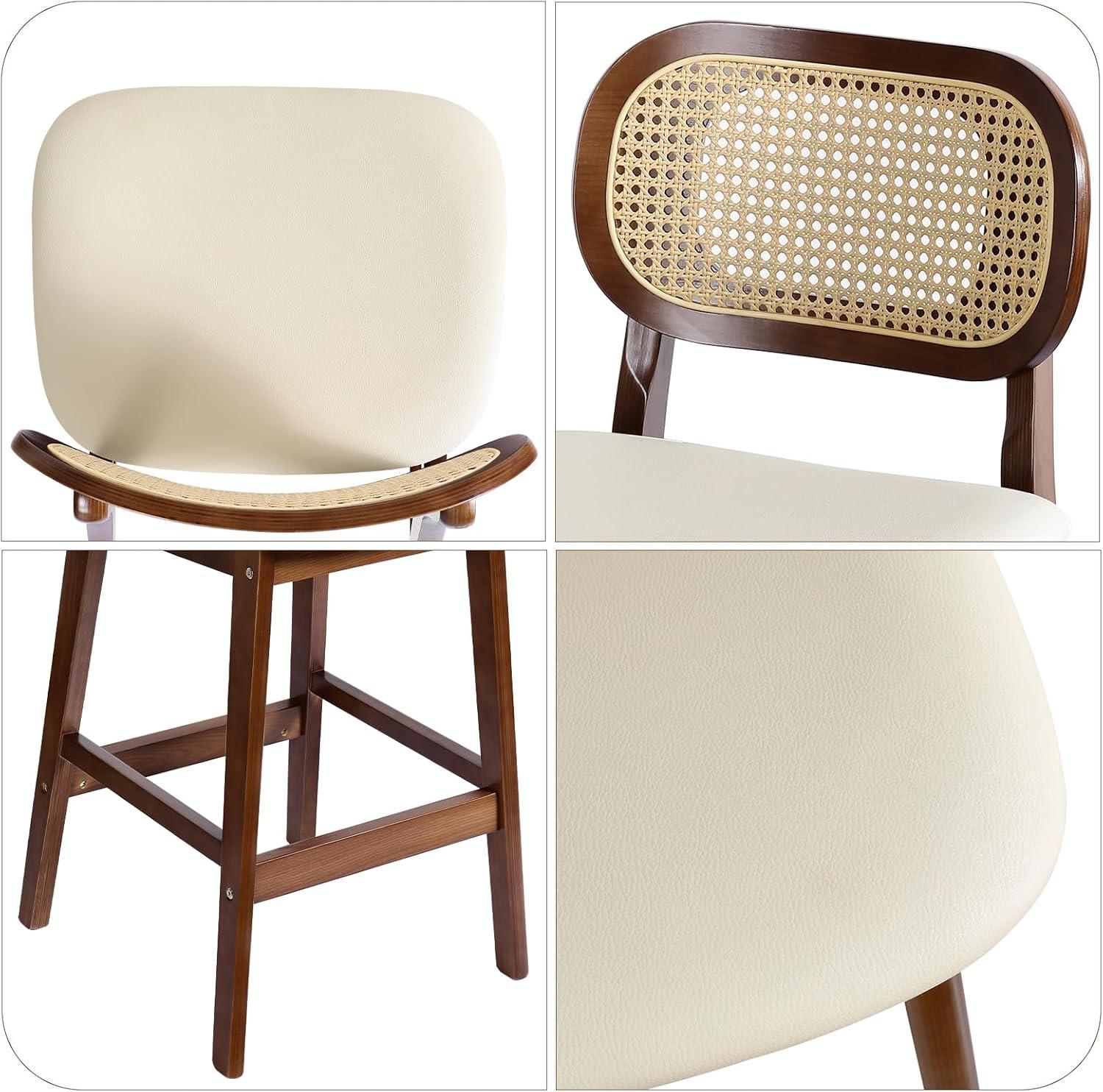 Lucky Monet Wood Upholstered Counter Height Bar Stools with Rattan Back - 36.81"H x 17.72"W x 18.7"D Set of 2 - White Faux Leather/ Brown Frame