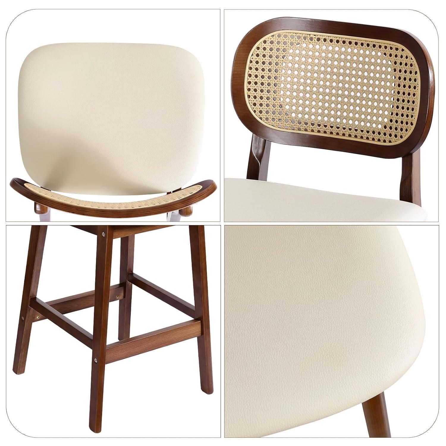 Lucky Monet Wood Upholstered Counter Height Bar Stools with Rattan Back - 36.81"H x 17.72"W x 18.7"D Set of 2 - White Faux Leather/ Brown Frame