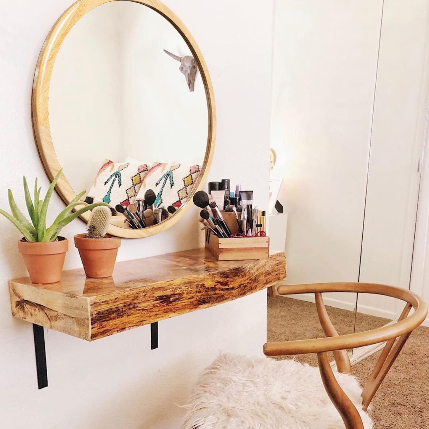 Circle Wooden Wall Mirror,18 inch Round Natural Wood Mirror Large Rustic Farmhouse Decor Mirror for The Living Room,Bathroom,Bedroom