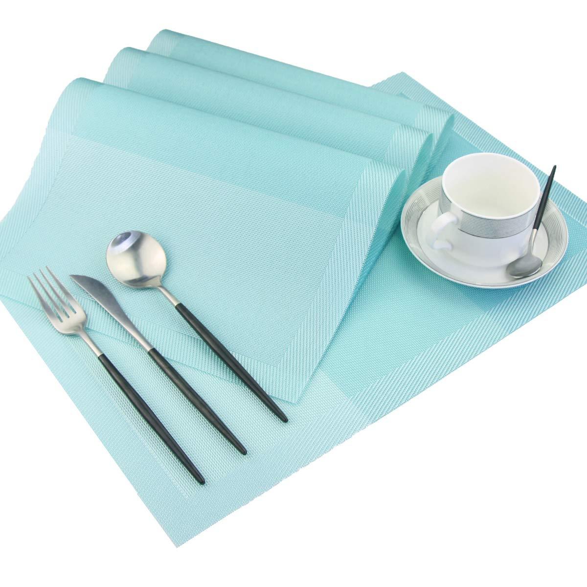 pigchcy Placemats, Heat Insulation Non Slip Plastic Placemats, Washable Easy to Clean Woven Vinyl Kitchen Stain Resistant Placemats for Dining Table Set of 6 (Sky Blue)