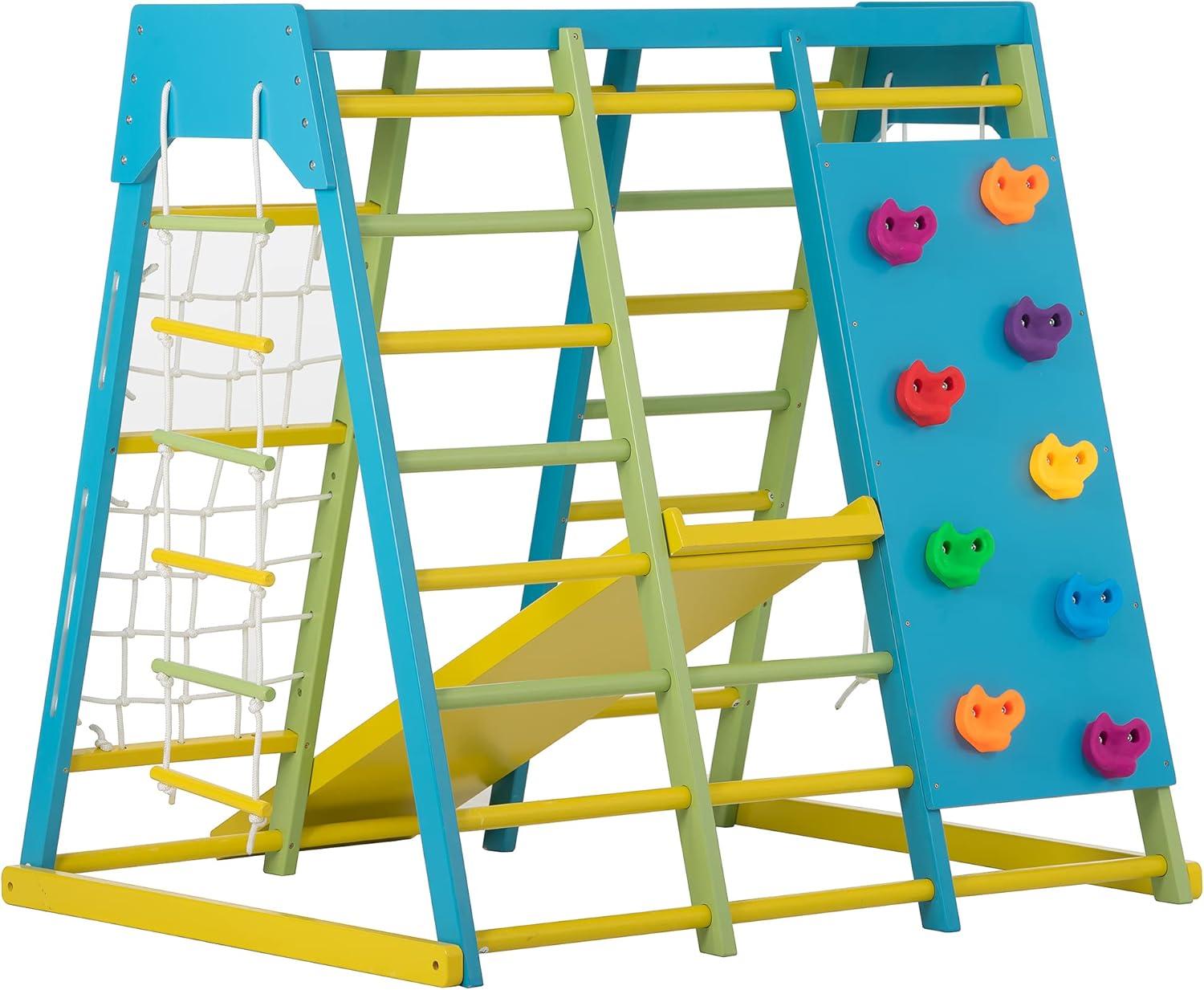 Colorful Wooden Indoor Climbing Gym with Slide and Rock Wall