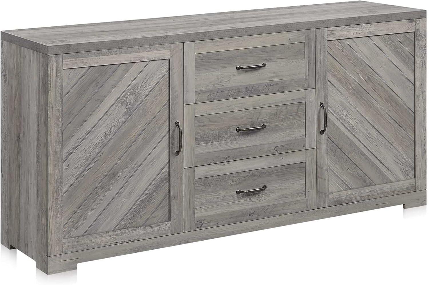 BELLEZE Modern Farmhouse Sideboard, Console Table Or Buffet With Three Drawers & Four Shelves, Space Saving Media Storage Cabinet, Holds Up To 70lbs - Hilo (Gray Wash)