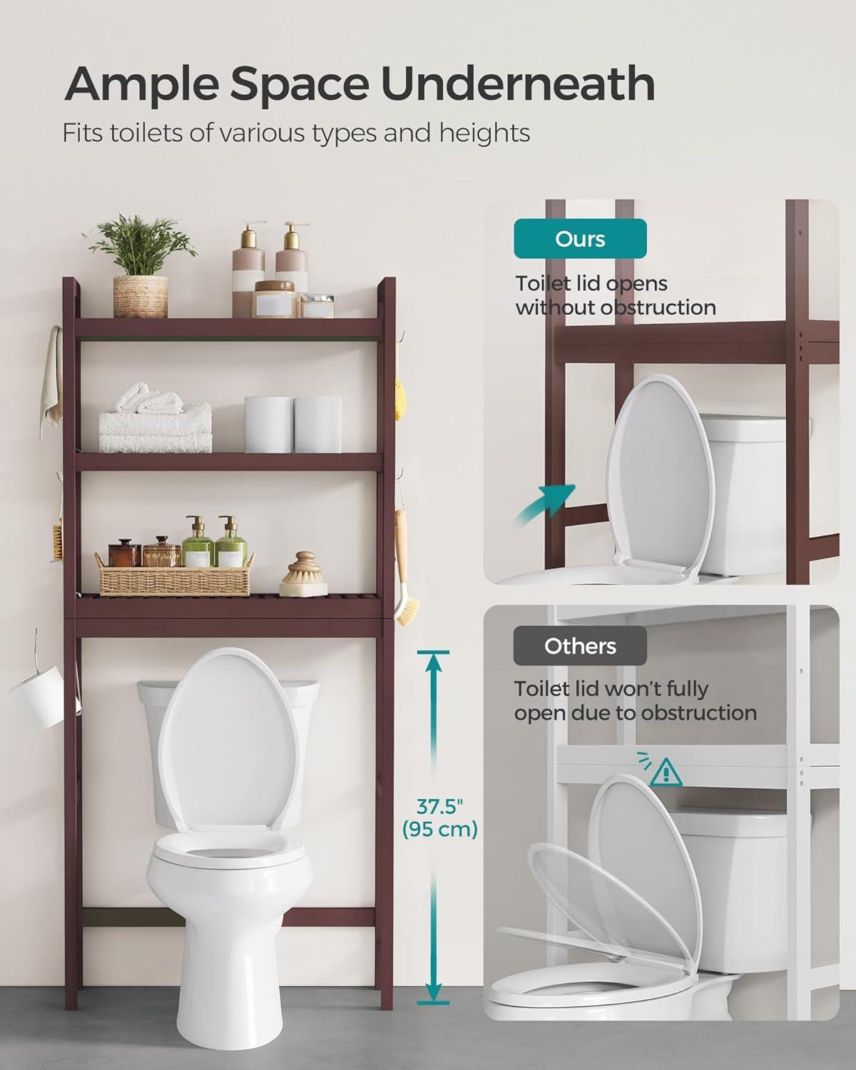 SONGMICS 3-Tier Over The Toilet Storage Bamboo Over Toilet Bathroom Organizer with Adjustable Shelf Brown