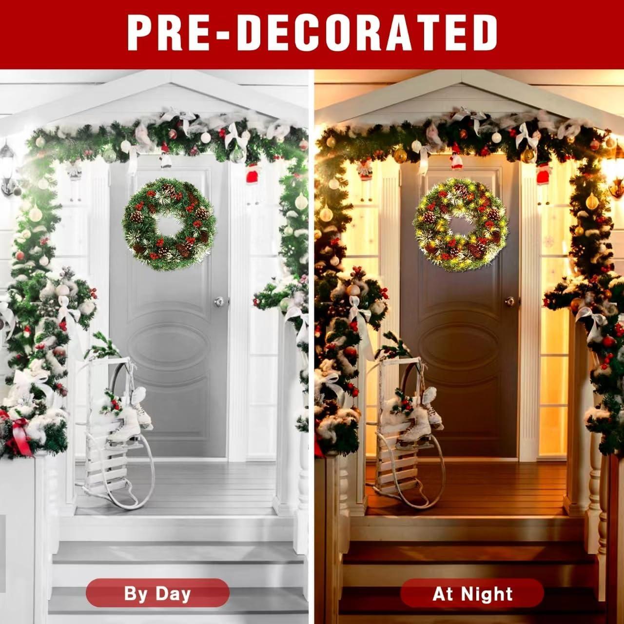 Christmas decor Garland Christmas Pre-Lit Artificial Christmas Wreath, 18 Inch Artificial Christmas Garland For Front Door With Red Bow, Cones, Red Berries, 40 LED Lights For Christmas Deco