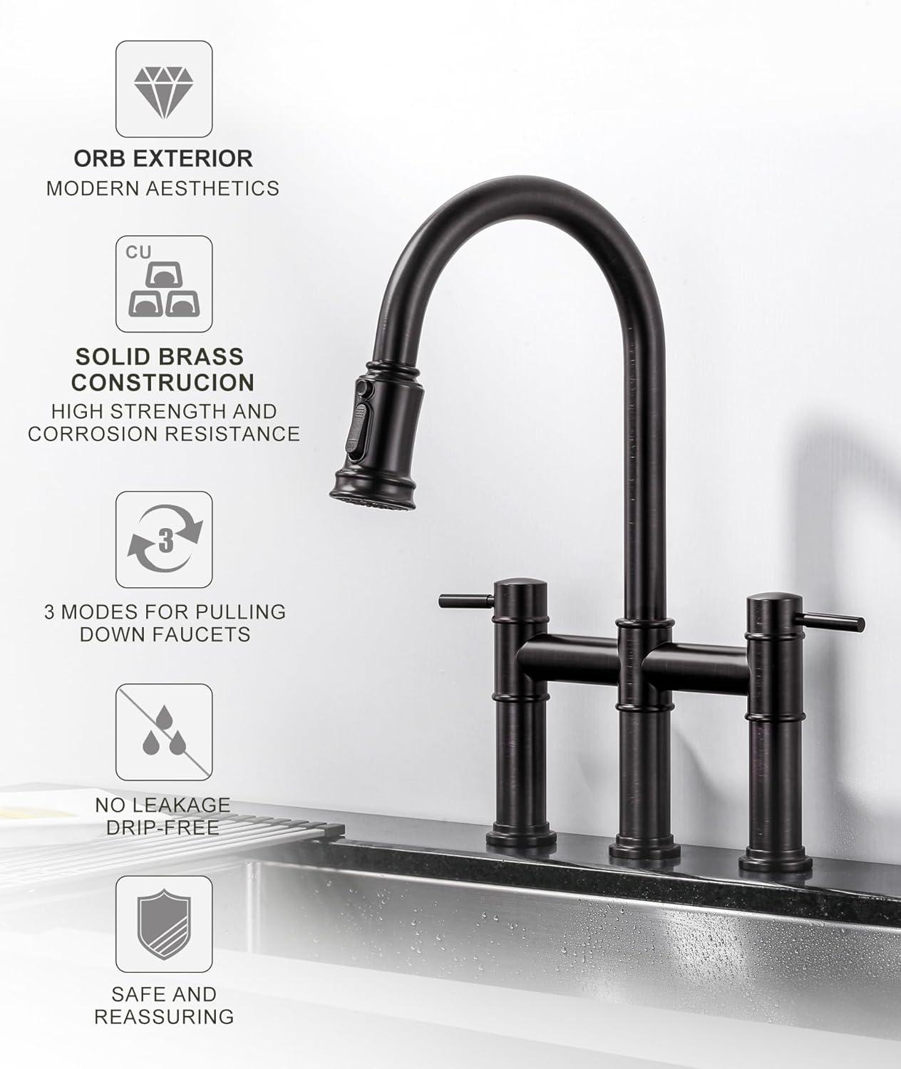 Double Handle Bridge Kitchen Faucet with Pull Down Sprayer in Oil Rubbed Bronze