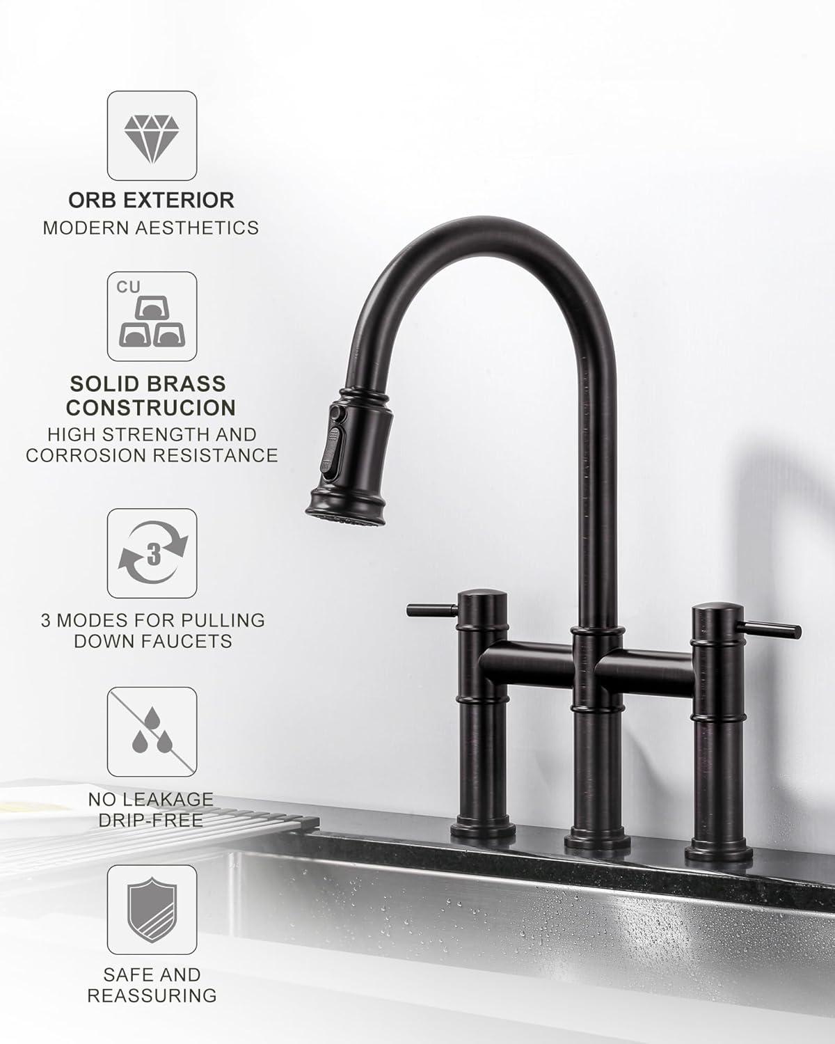 Double Handle Bridge Kitchen Faucet with Pull Down Sprayer in Oil Rubbed Bronze